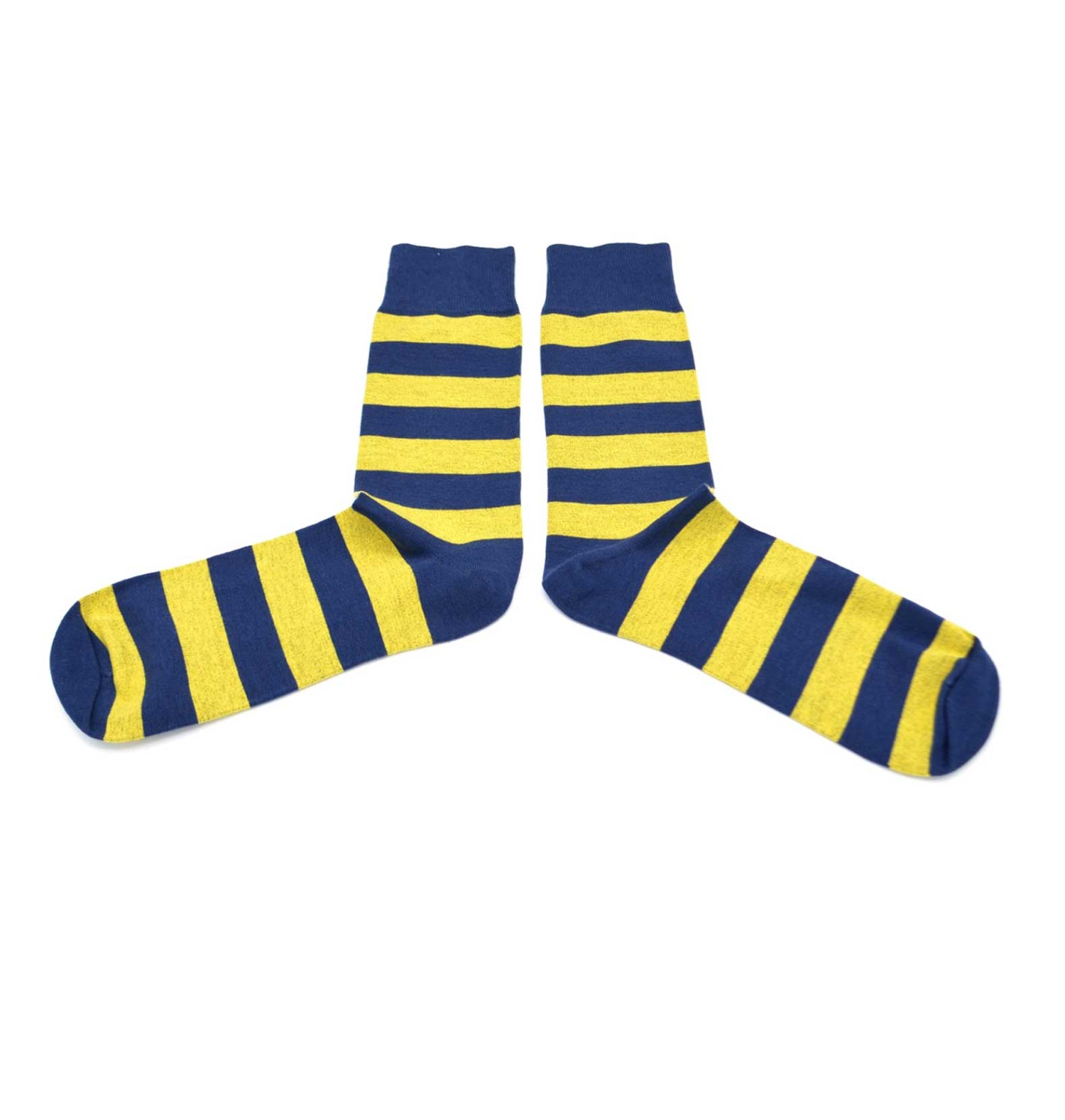 Yellow socks with blue stripes