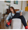 chaussettes-fantaisie-hommes-femmes-en-coton-rouges-à-motif-gros-pois-bleu-marine-remaillées-à-la-main