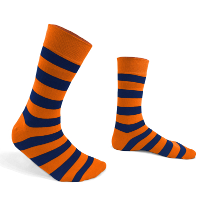 chaussettes-fantaisie-hommes-femmes-en-coton-oranges-à-rayures-bleu-marine-remaillées-à-la-main