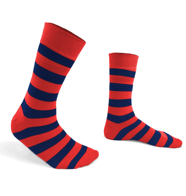 chaussettes-fantaisie-hommes-femmes-en-coton-rouge-à-rayures-bleues-remaillées-à-la-main