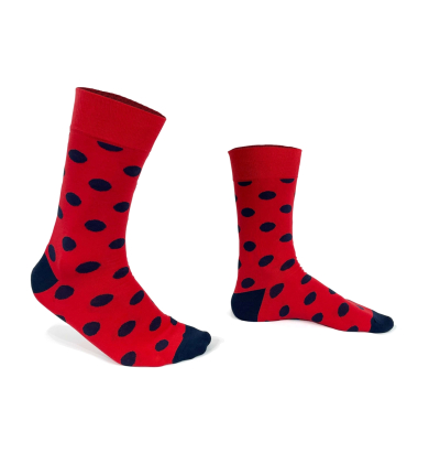 chaussettes-fantaisie-hommes-femmes-en-coton-rouges-à-motif-gros-pois-bleu-marine-remaillées-à-la-main