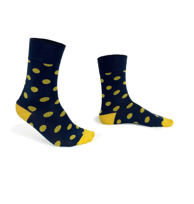 chaussettes-fantaisie-hommes-femmes-en-coton-bleu-marine-à-motif-gros-pois-jaunes-remaillées-à-la-main