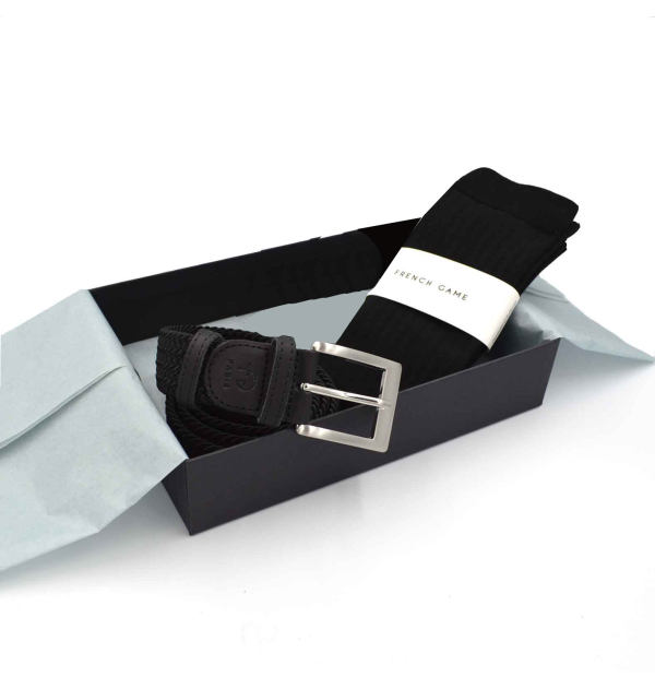 Coffret cadeaux made in France ceinture noire et chaussettes en fil d'éosse noire urban frenchy