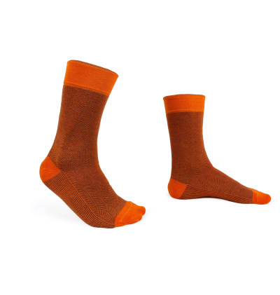 chaussettes-fantaisie-hommes-femmes-en-coton-oranges-à-motifs-chevrons-bleu-marine-remaillées-à-la-main